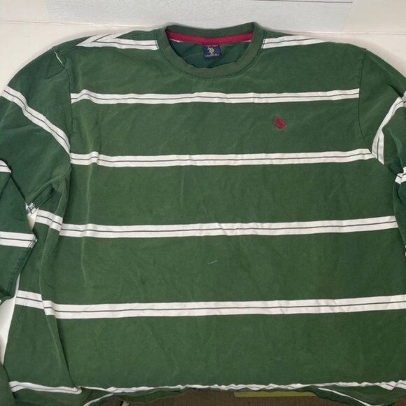 US Polo Assn Mens Crewneck Long Sleeve Shirt Green White Striped Size XL - Picture 1 of 3